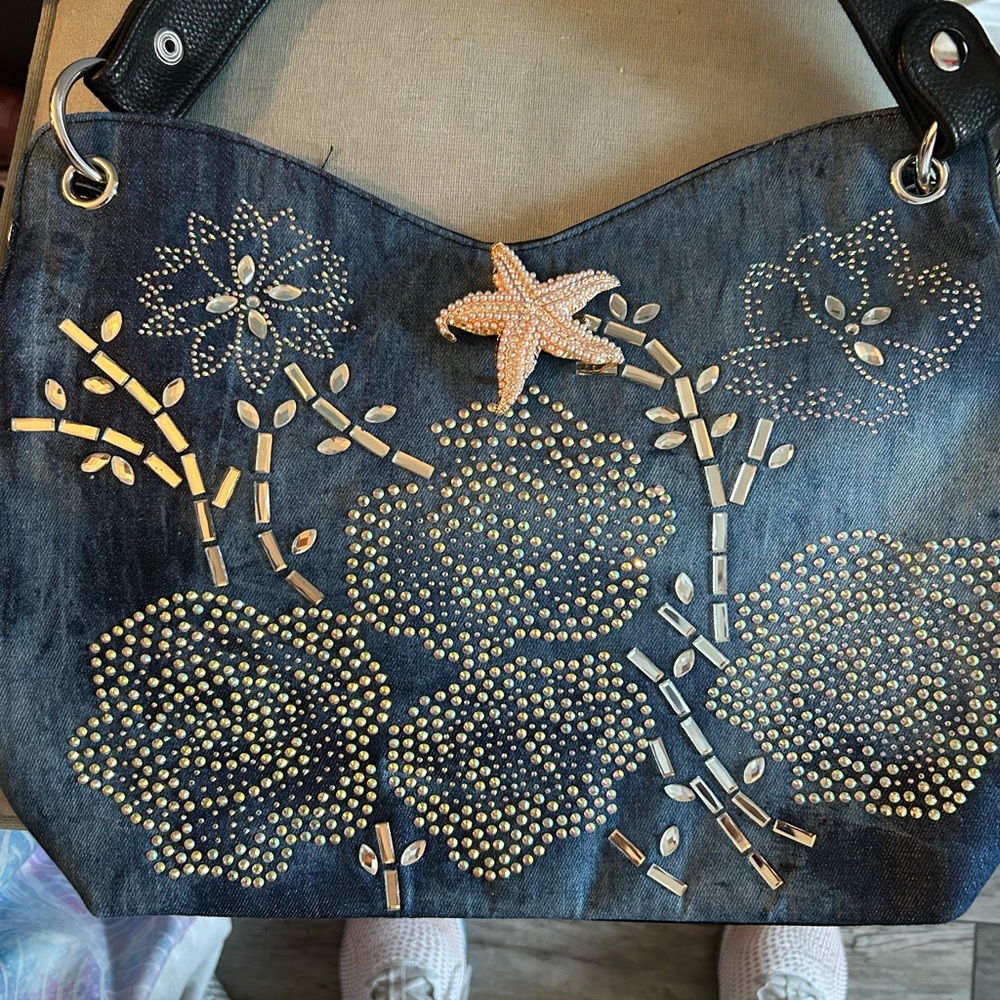 Denim & Rhinestones Crossbody w/ Beach Starfsh Brooch - NWT